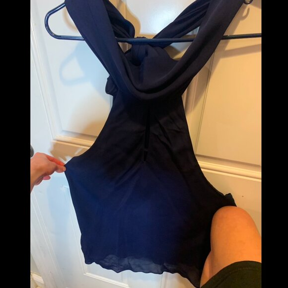 NWT Ralph Lauren 100% Silk Blue Halter Blouse Wrap Scarf Bow Keyhole Top Sz 12 - Picture 2 of 9